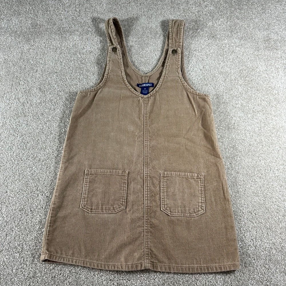 Vtg Y2K Blue Spice Tan Brown Corduroy Jumper Dress Womens Medium Overall Mini